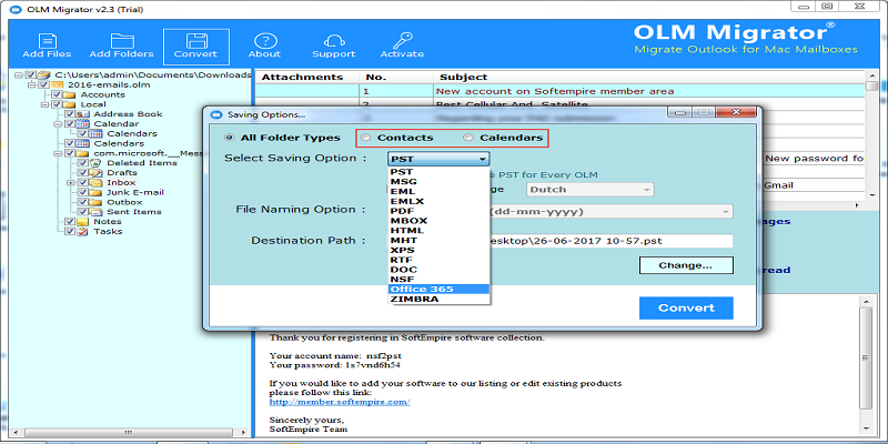 Select desired file saving format with import olm to owa tool