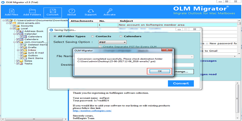 mac outlook olm to pst outlook migration procedure is complete