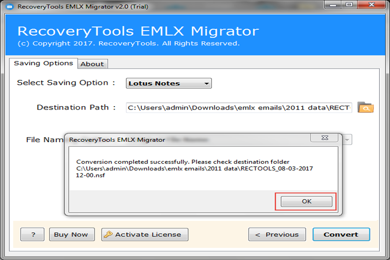 apple mail emlx to ibm notes nsf file conversion is successfully finished 