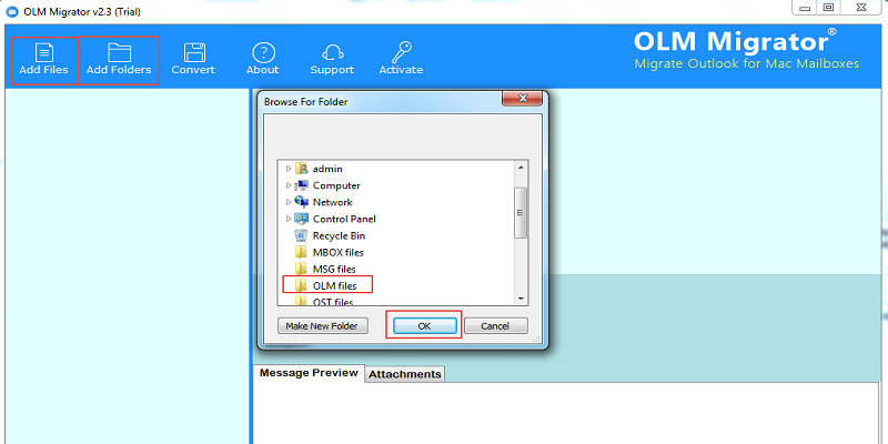 List of mac olm files shows in software panel