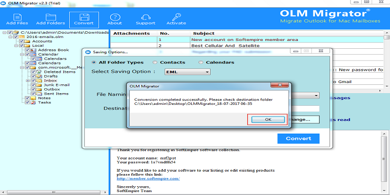 complete the mac olm to windows live mail eml conversion