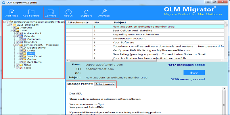 List of mac olm files shows in software panel
