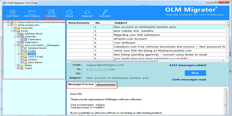 Look data list of mac olm files in software panel