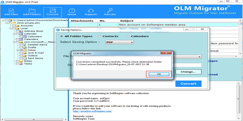 Mac olm to adobe pdf Migration Procedure Complete