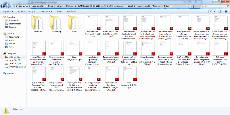 Tool open converted resultant data after complete the olm to adobe pdf migration