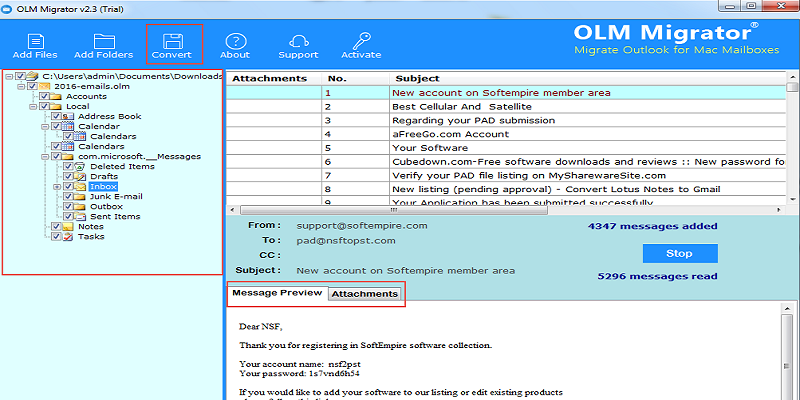 List of mac olm files shows in software panel