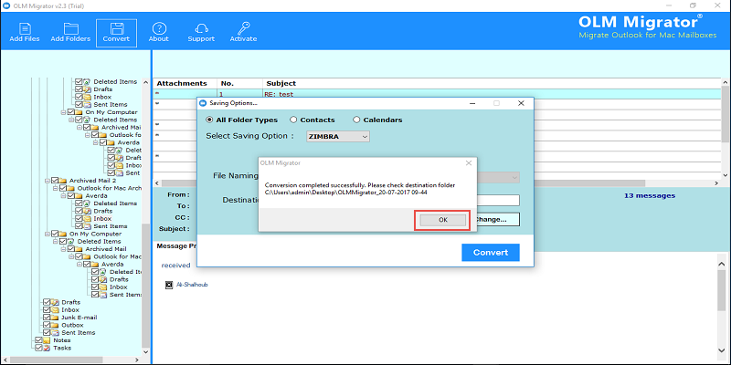 olm to zimbra conversion process is complete